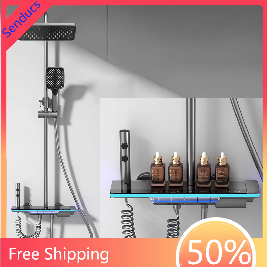 

Digital Piano Bathroom Shower Set Hot Cold Bathroom Faucet 12 Inch Rain Shower Head Ambient Light Piano Bathroom Shower System