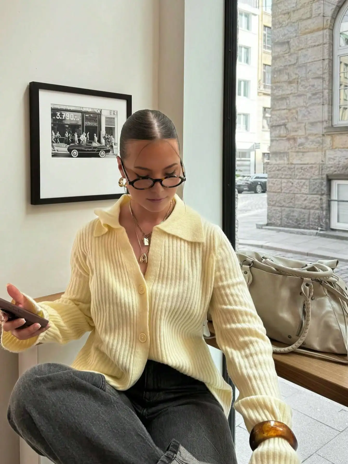 

Желтый кардиган в рубчик с отложным воротником и пуговицами, с длинными рукавами, повседневный свободный крой для ежедневной носки