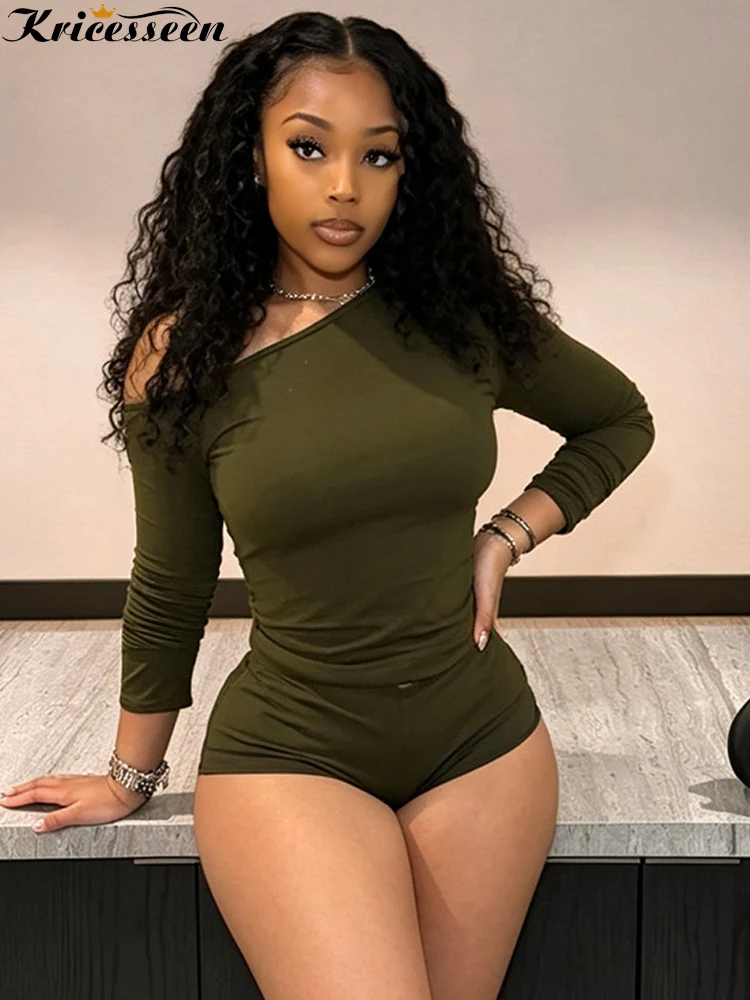 Kricesseen Women One Shoulder Long Sleeve Romper Autumn Casual Plain Short Jumpsuit Fashion Streetwear Slim Playsuit Overalls