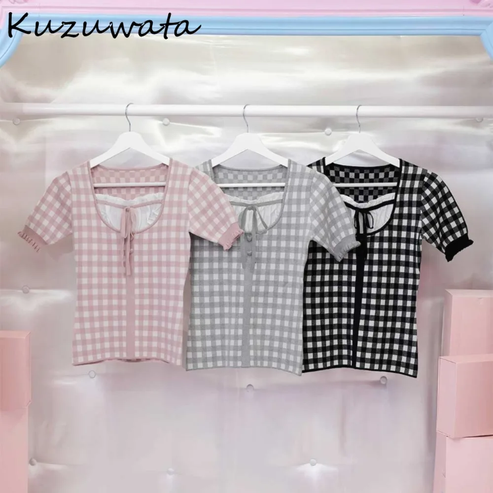 

Kuzuwata U Neck Casual Slim Plaid Shirt Lace Patchwork Puff Sleeve All-match Blouses Japan Panelled Gentle New Literary Blusas