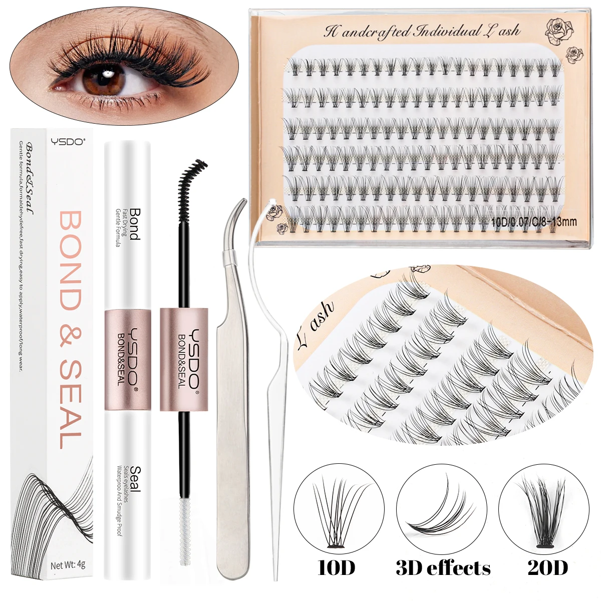 10D/20D/30D Gefälschte Wimpern Extensions Kit Lash Bond und Dichtung Falsche Wimpern Make-Up Set DIY Lange Wimpern Cluster Make-up-Tool