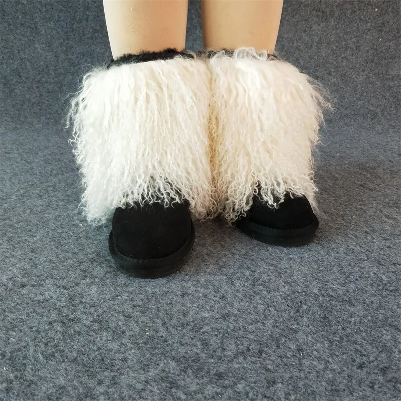 Woman Fluffy Curly Lamb Fur Snow Boots Luxury Fashion Winter Mongolian Fur Shoes