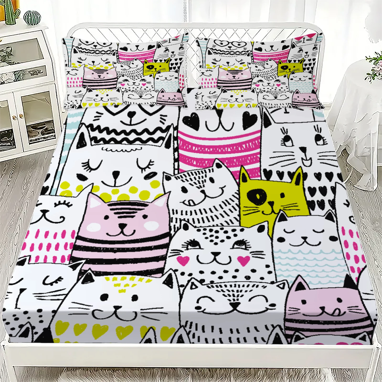 

Комплект из 3-х предметов: красочная простыня с мультяшными котами, 3D-принт, подарки для студентов и девочек, 100% полиэстер, плоская простыня с наволочками