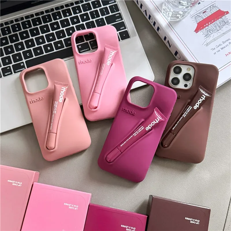 With Box Rhode Fashion Soft Silicone Phone Case for iPhone 16 15 14 13 12 11 Pro Max Plus Portable Lip Gloss Holder Cover Funda