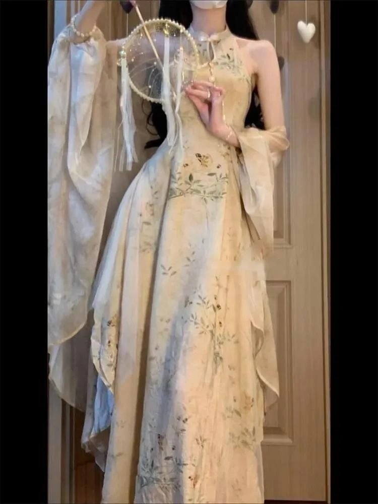 New Chinese Style Stand Collar Slim Waist Vest Dress+ Long Sleeve Loose Sun Protection Cardigan 2024 Summer Two Piece Sets