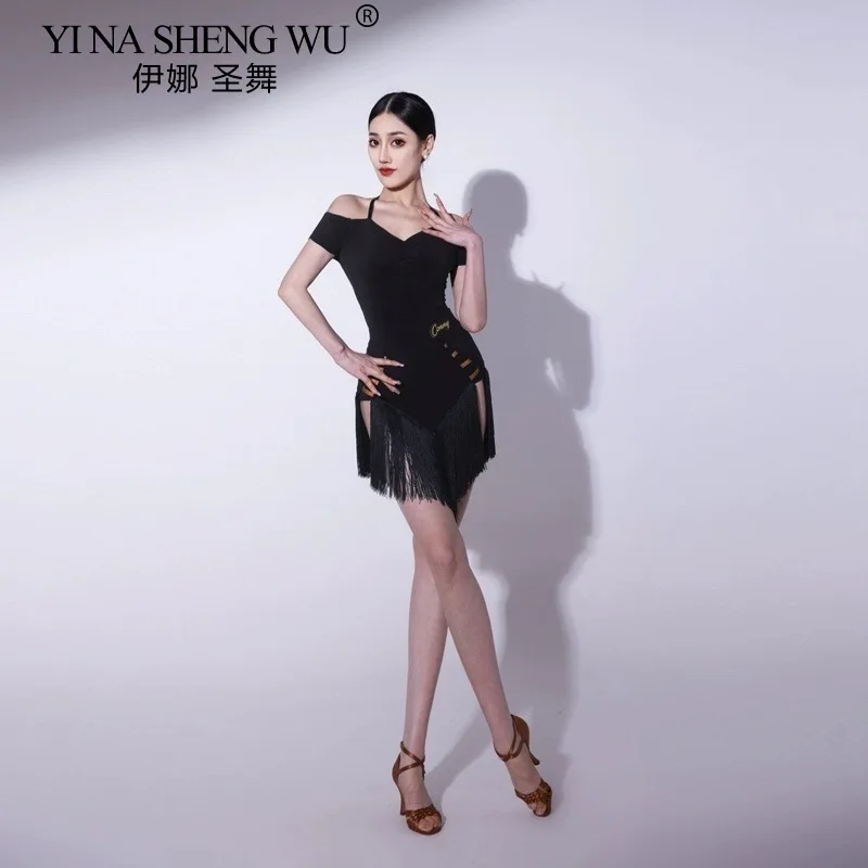 New 2026 Latin Dance Costume Tassel Jumpsuit Top Fringe Skirt Adult Women Latin Samba Rumba Cha Cha Practice Performance Dress