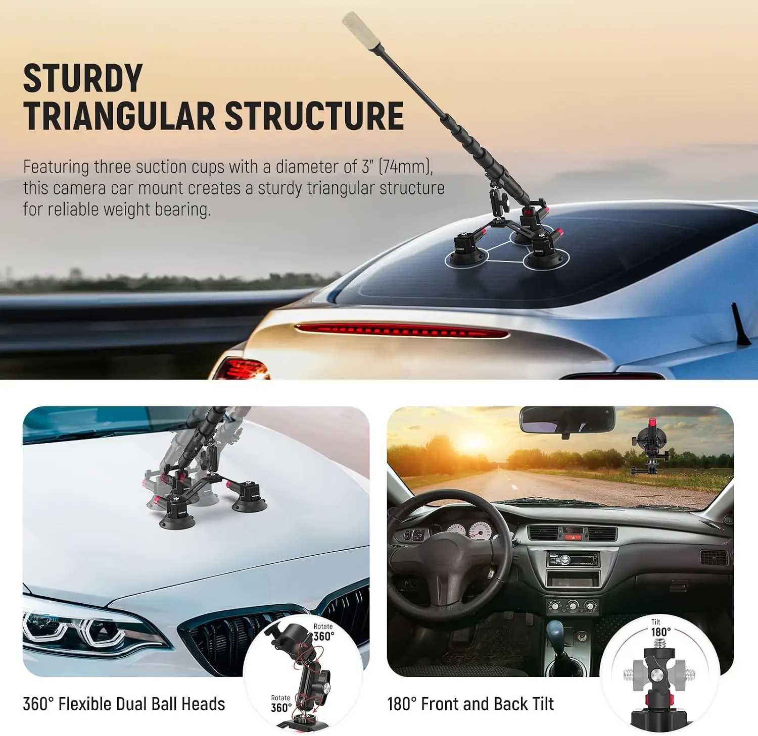 NEEWER Triple Suction Cup Car Mount for Action Cameras,2 in 1 Windshield Magic Arm Mount For Insta360 X5/X4 GoPro DJI Camera