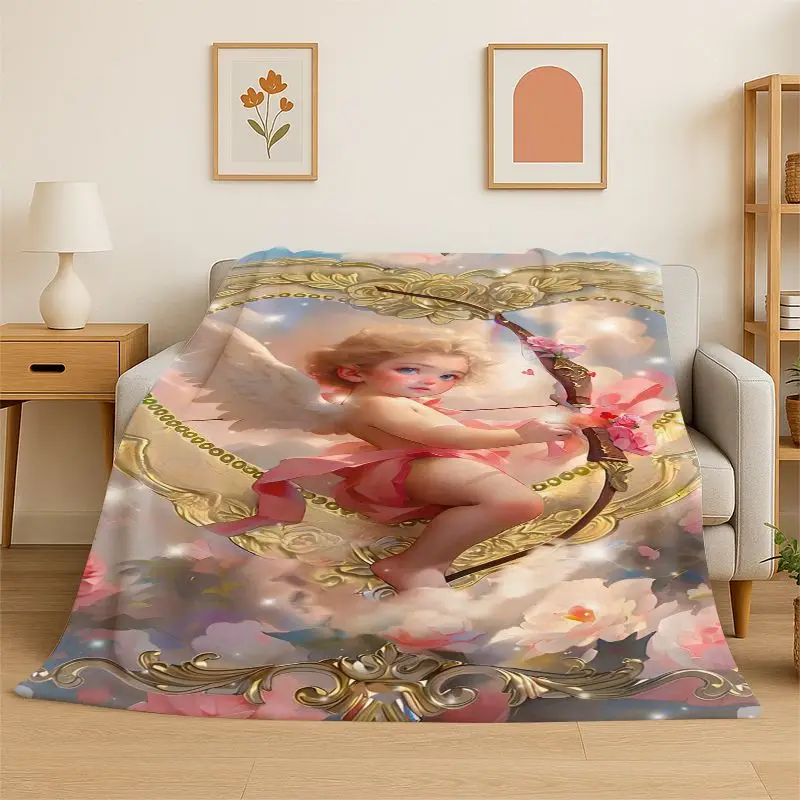 Belot Angel Cute Cupid Cartoon Flannel Blanket Soft Warm Throw Blanket for Bedroom Living Room Bed Travel Camping Picnic Cover