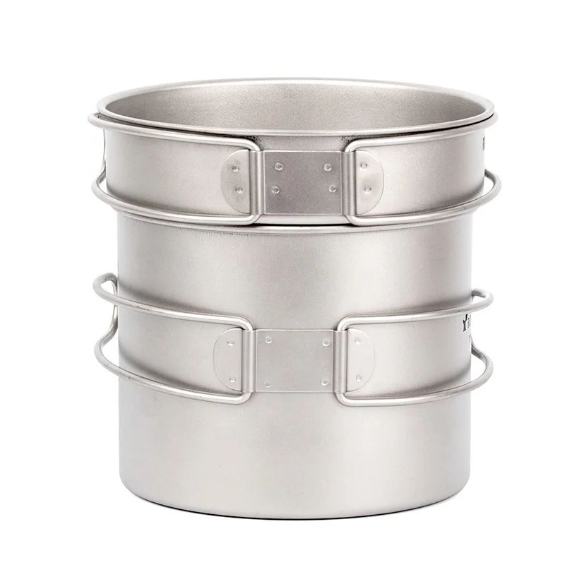 

Titanium Pot Pan Set with Folding Handle Outdoor Camping Soup Pot Bowl Frying Pan Mess Kit Picnic Cookware