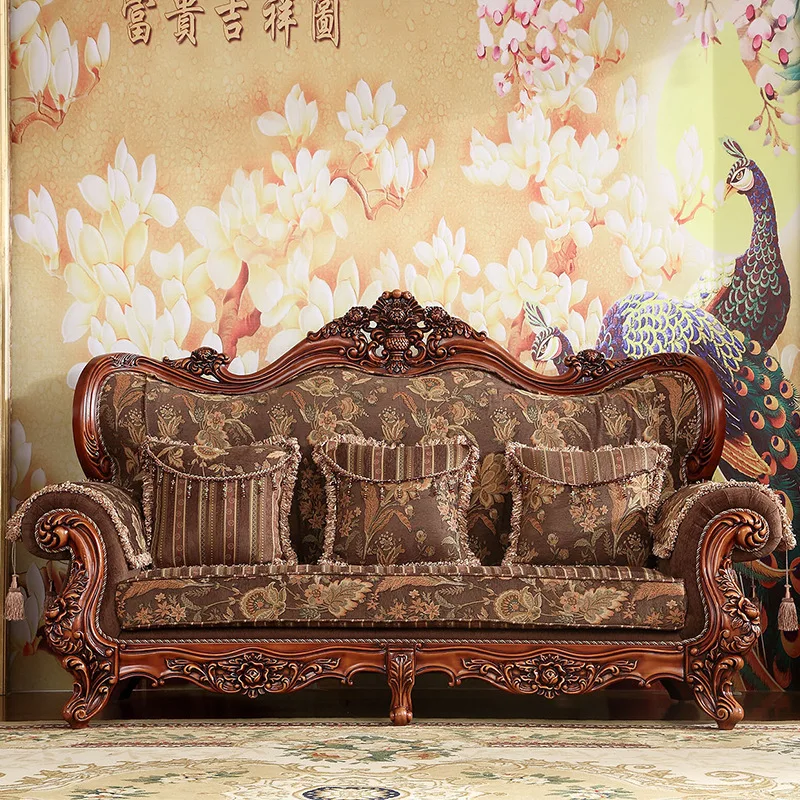 YJQ European fabric sofa combination American living room high-end solid wood carving flower luxury furniture