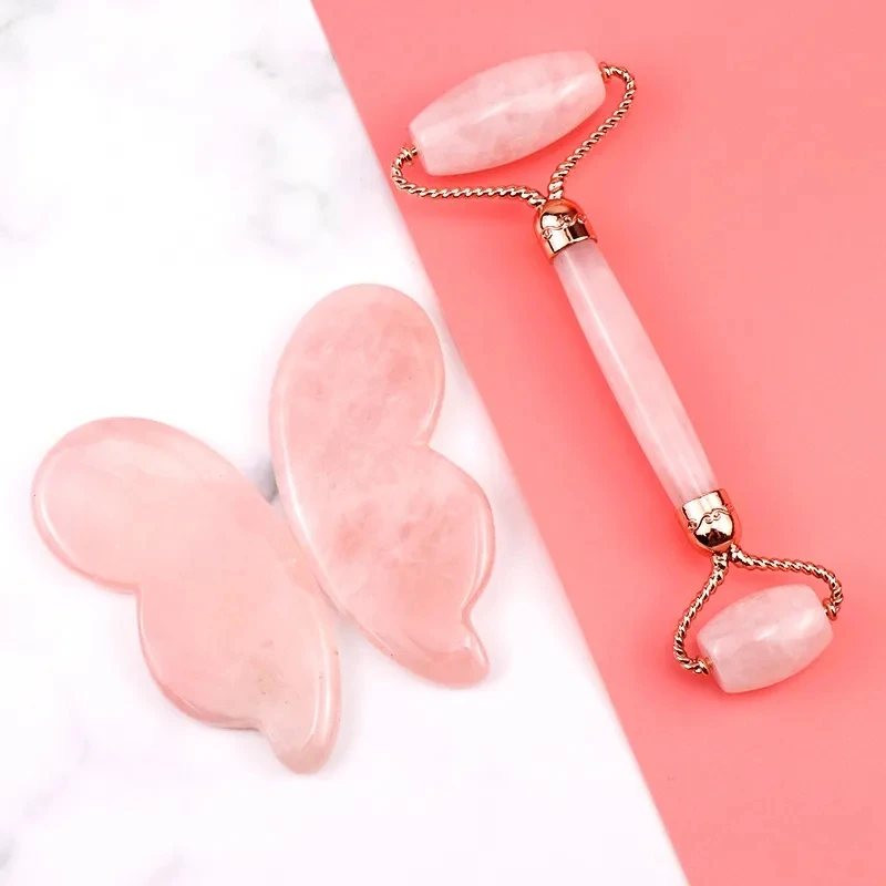 Natural Rose Quartz Jade Roller Gua Sha Set Face Beauty Lifting Jade Massager Gouache Scraper Skin Care Tools With Box