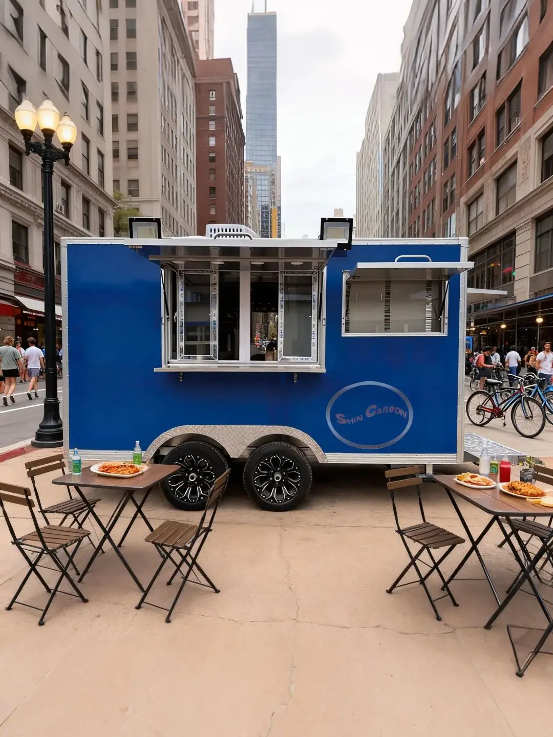 

Outdoor Food Trailer Main Body Blue Dual Wheels Towing Mechanism Easy Vehicle Transportation Catering Stand Kitchen on Wheels