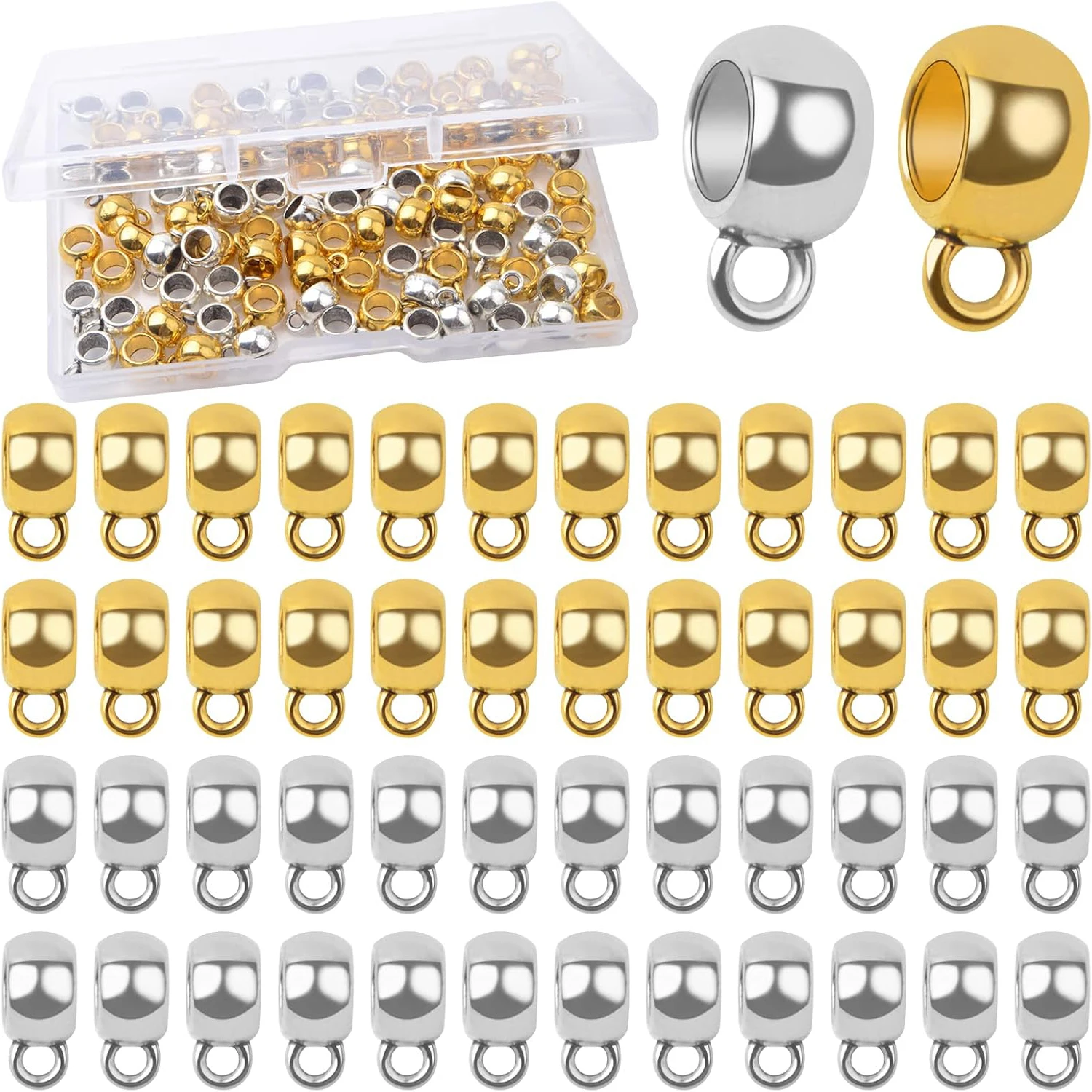 

100pcs Bail Tube Beads Column Rondelle Spacer Beads Bail Beads Hanger Dangle Connectors with a Box for European Charm Bracelet