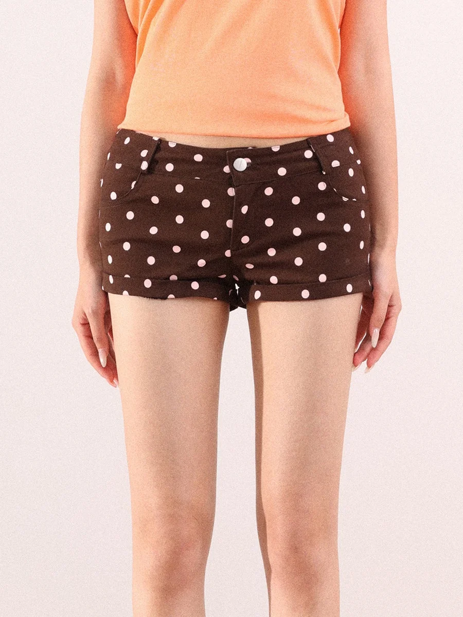 Retro Coffee Polka Dot Low Waist Casual Shorts Women Summer New Slimming Hot Pants Commuting Cuffed Denim Skinnies