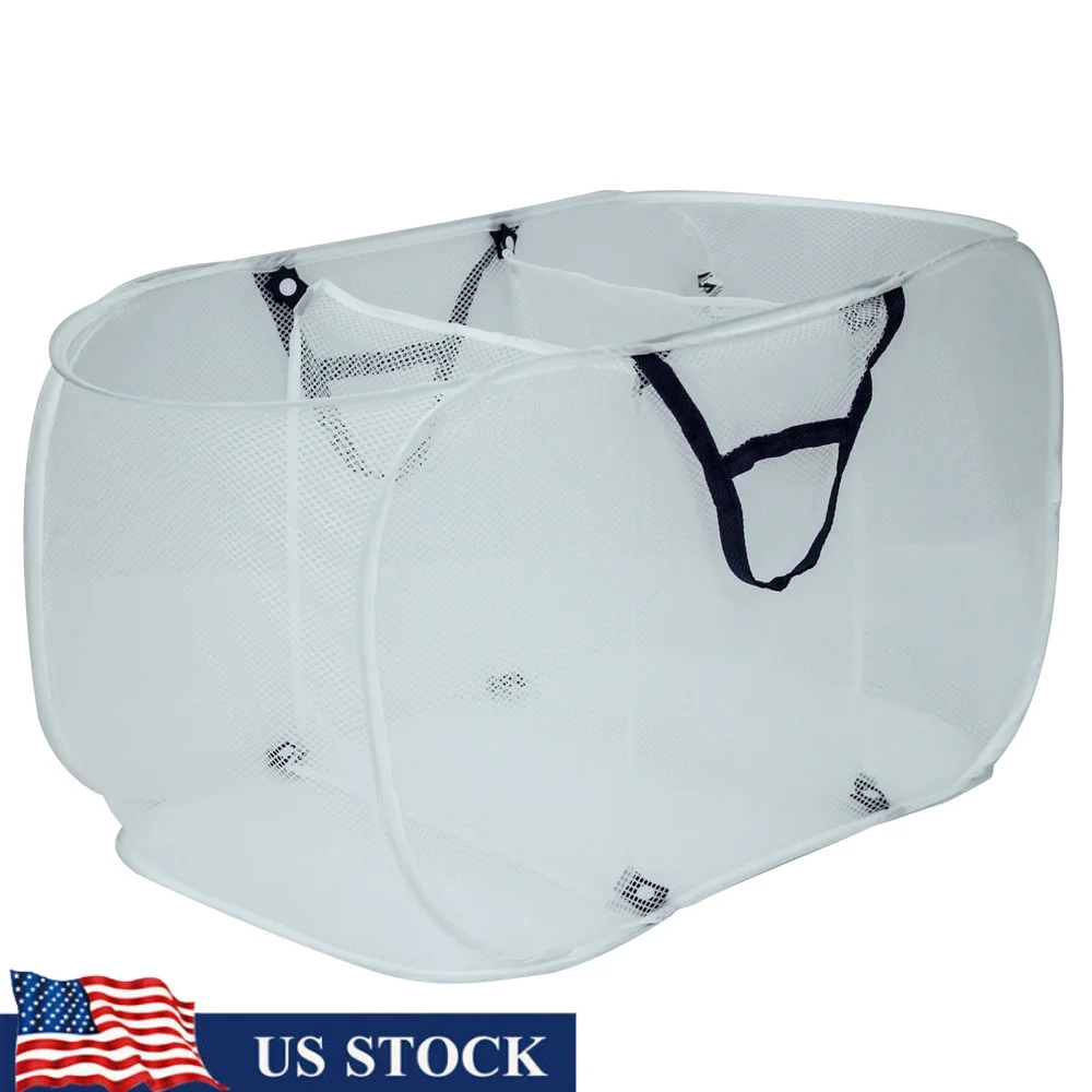 Breathable Polyester Mesh Pop-up Laundry Basket with Three Compartments Sorting Clothes Towels Toys Collapsible Design Easy