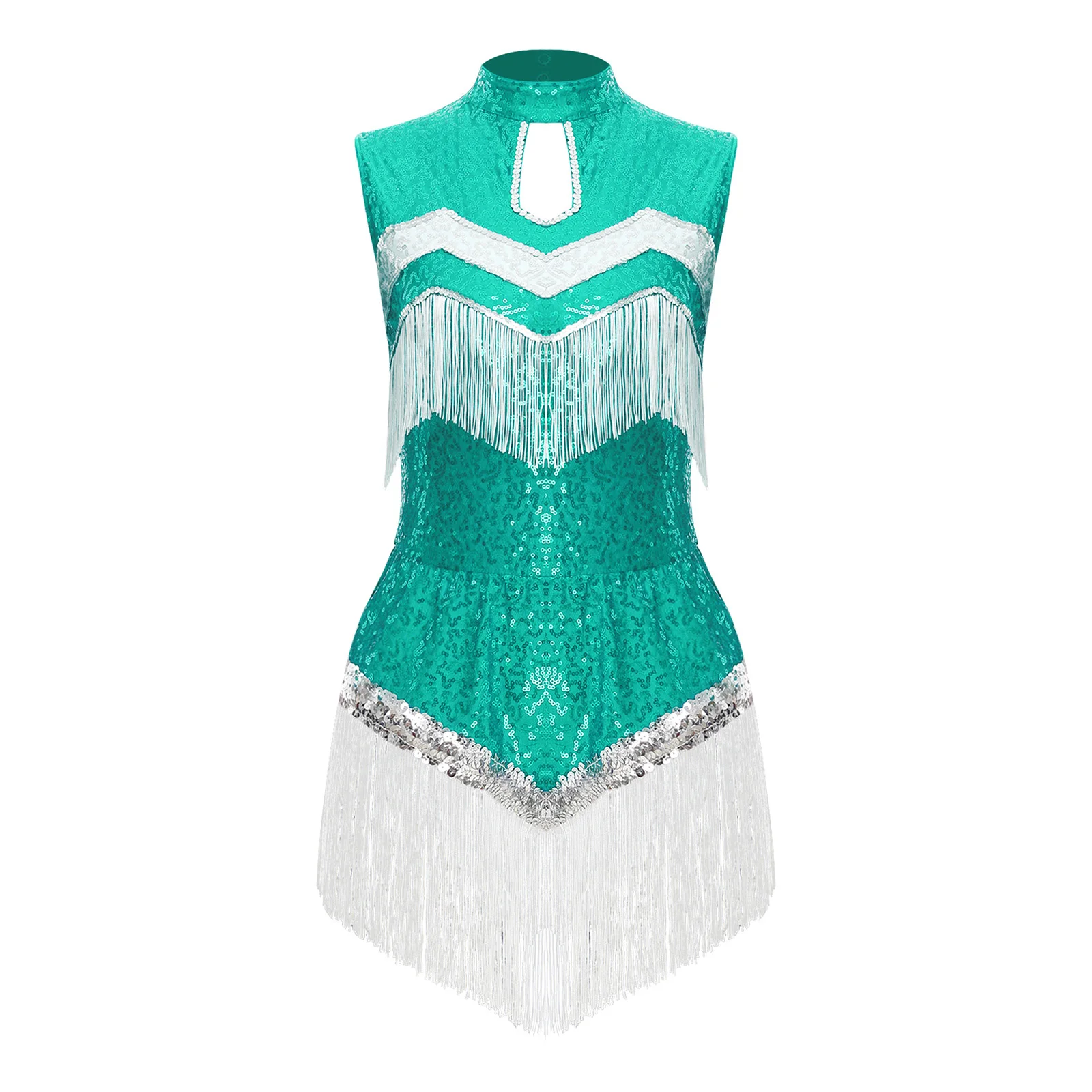 

Women Shiny Sequins Cheerleading Latin Dance Tassel Bodysuit Glittery Fringe Decor Latin Samba Tango Dance Competition Leotards