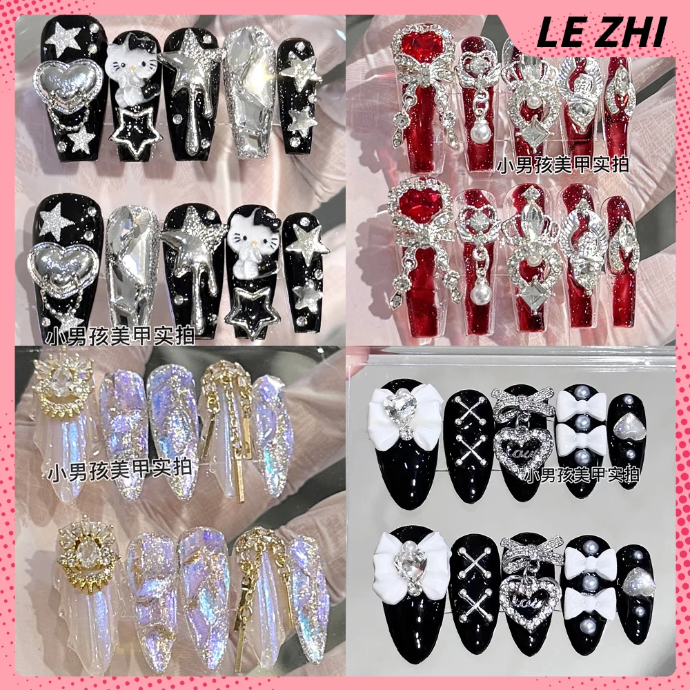 

10pcs Handwork Rhinestone Hello Kitty Full Cover Nails Coffin Almond Square Customizable Size French Portable Press on Nails