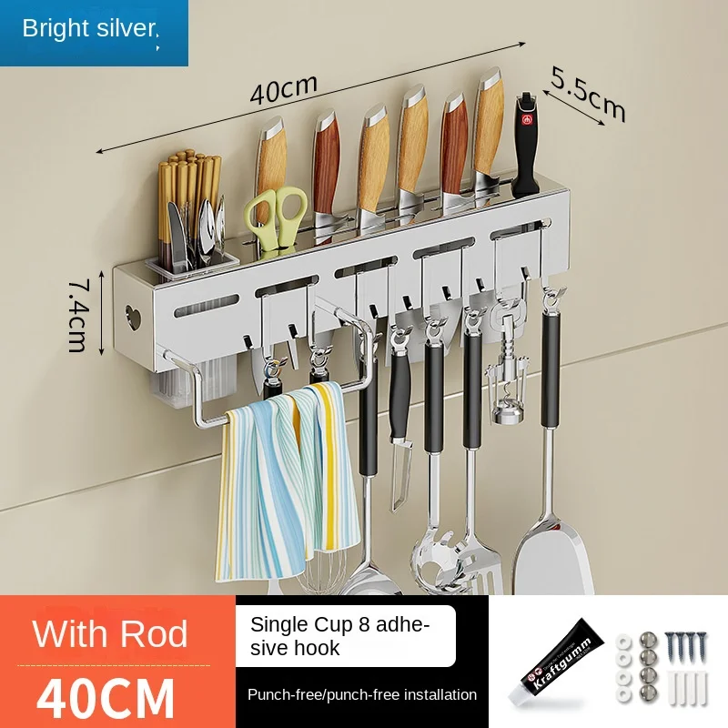 Kitchen Storage Rack Wall-Mounted Multifunctional Storage Knife Rack Detachable Stainless Steel With Multiple Brackets And Hooks