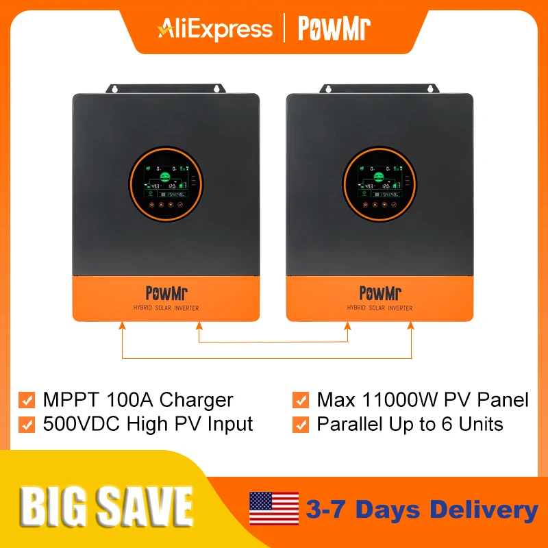 

PowMr 10KW Split Phase Inverter 48V 110V Off Grid Hybrid Solar Inverter with MPPT 100A Battery Charger Parallel Up to 6 Units