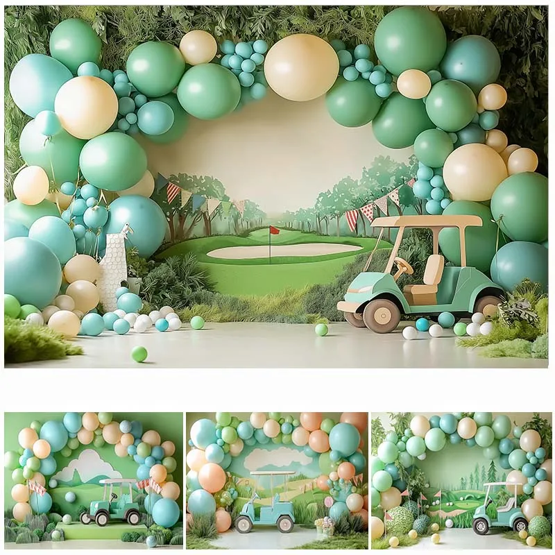 LS Photography Background Arch Balloons Golf Course Car Decor Props Cake Smash Birthday Kids Portrait Photo Backdrop Studio