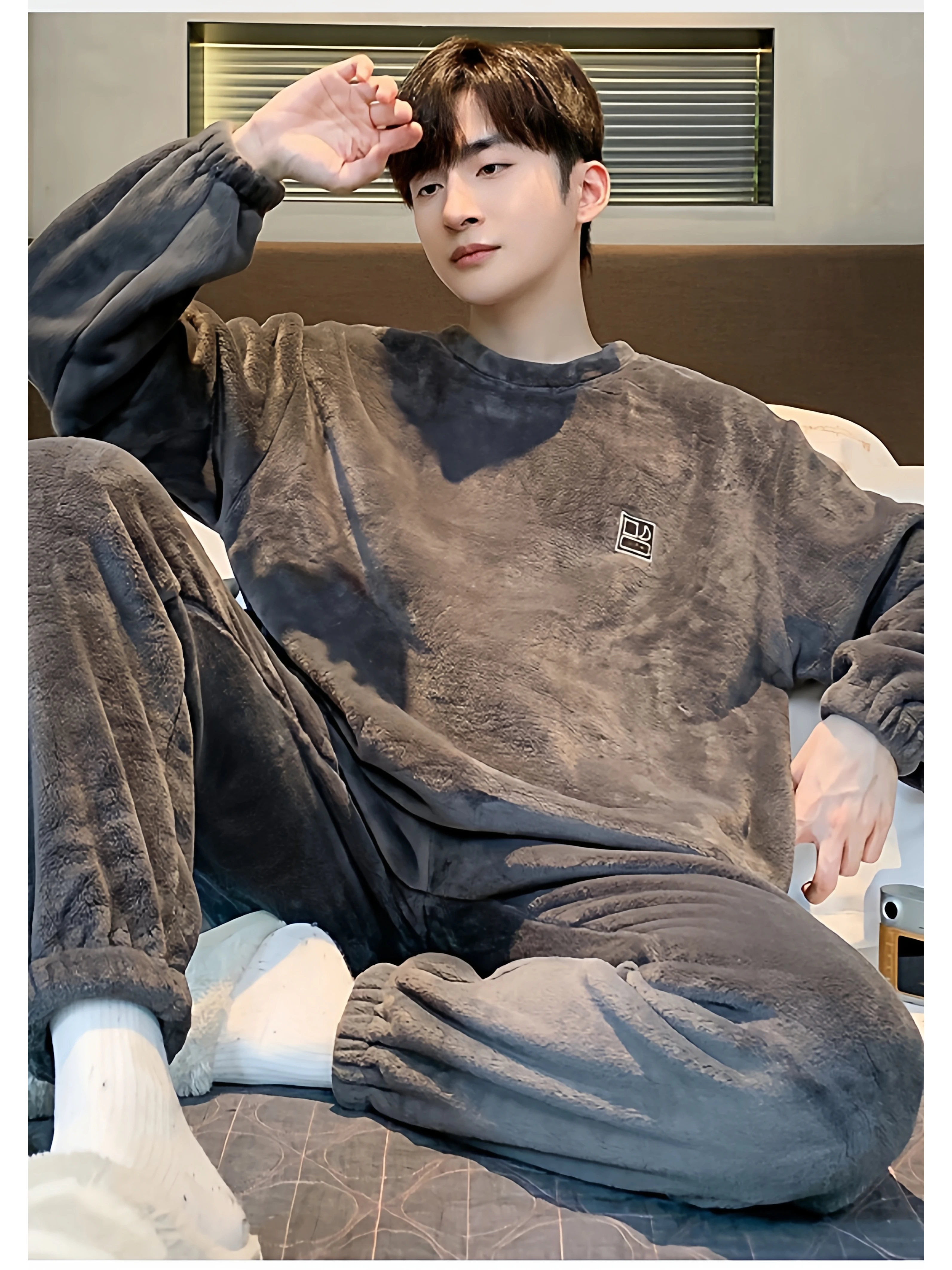 Men's Warm Coral Fleece Pajamas Winter Set Spring Autumn Winter Style Oversize Fleece Lined Home Clothes for Teens And Adults