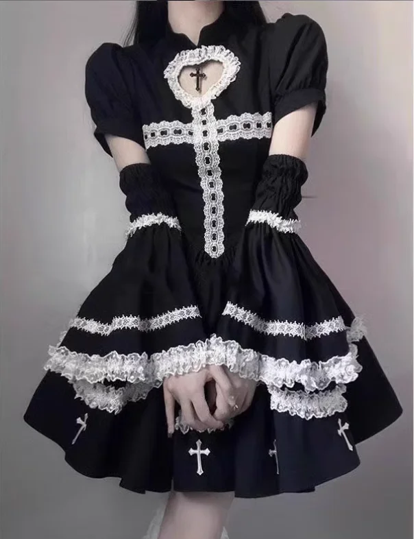 

Color Blocked Cross Dress Fluffy Little Black Dress Halloween Dress