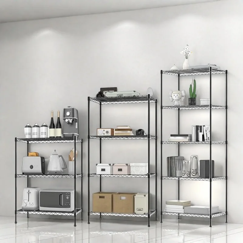 Heavy-duty 3-5 shelf units available with height-adjustable shelves and levelling feet Made of durable carbon steel