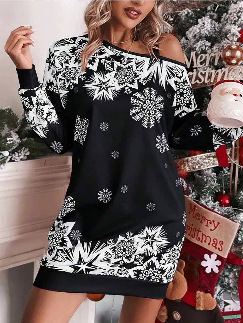 Women\'s Home Daily Christmas Festive Daily Fun White Hand Bone Print Party Evening Long Sleeve Dress