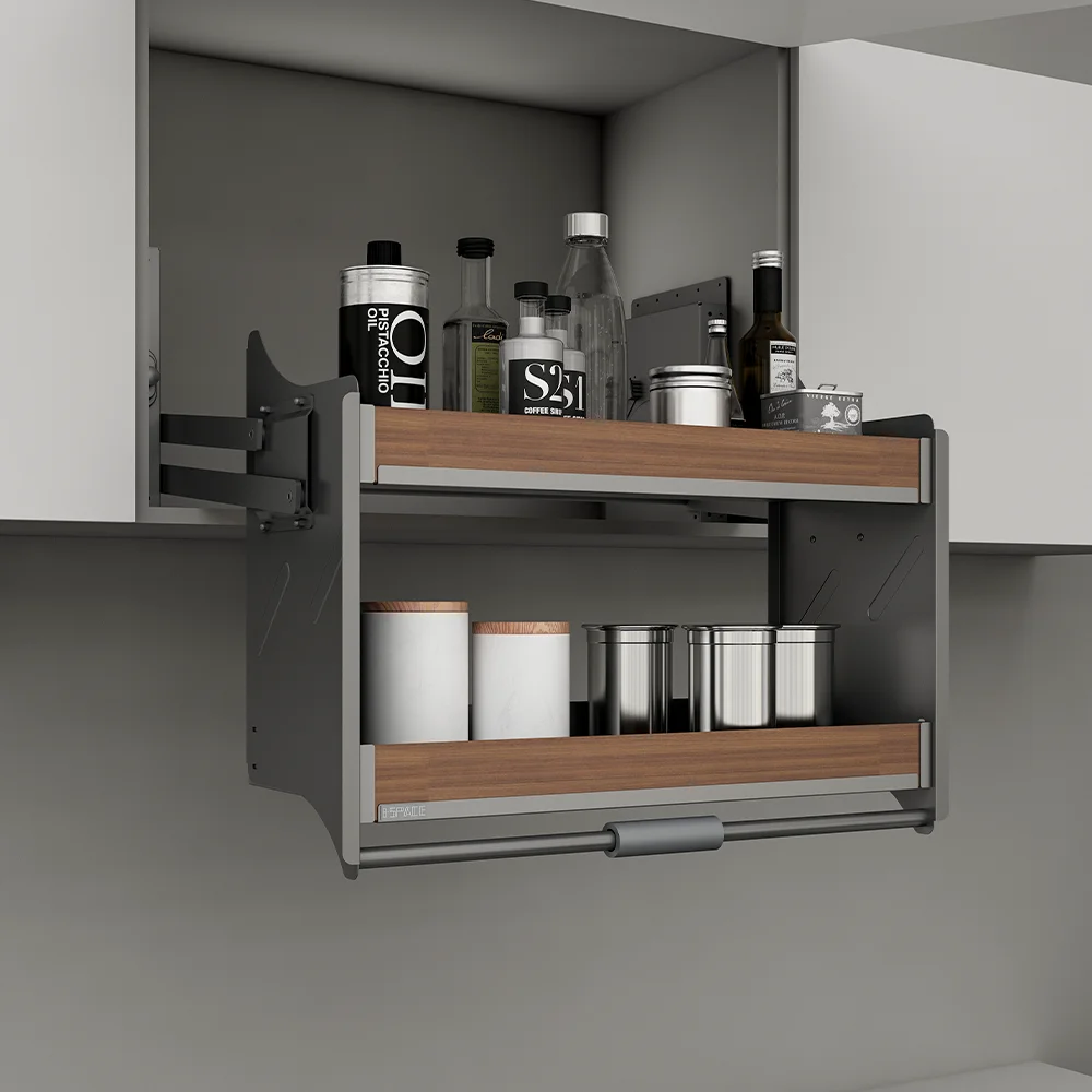 

Eco-Friendly Foldable Aluminum Alloy Lifting Pull-Down Basket Exclusive for Kitchen Top Cabinet Storage Organizer
