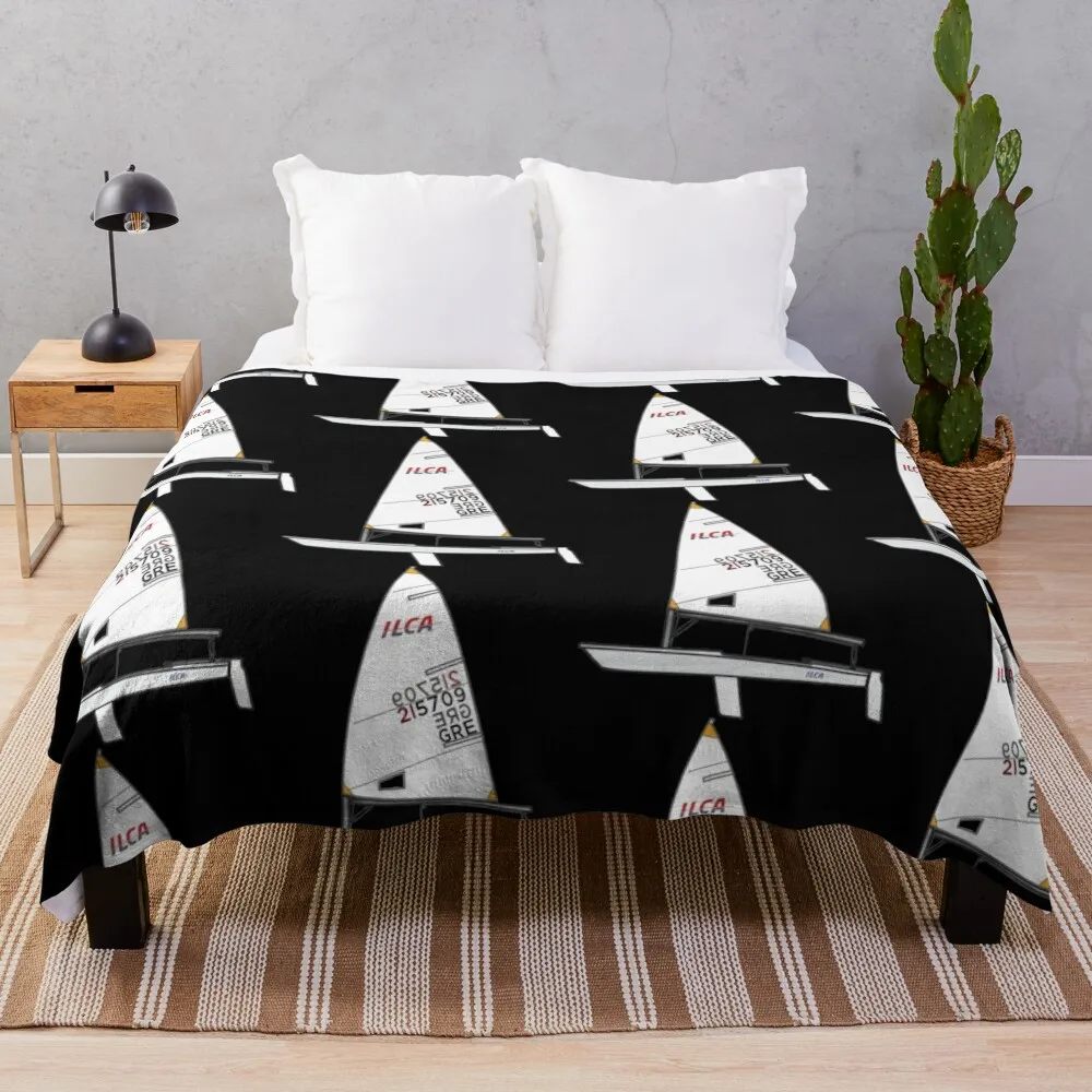 ILCA 4 (Laser 4.7) Sailboat with Custom Numbers (Black Background) Throw Blanket For Sofa Thin Multi-Purpose Blankets