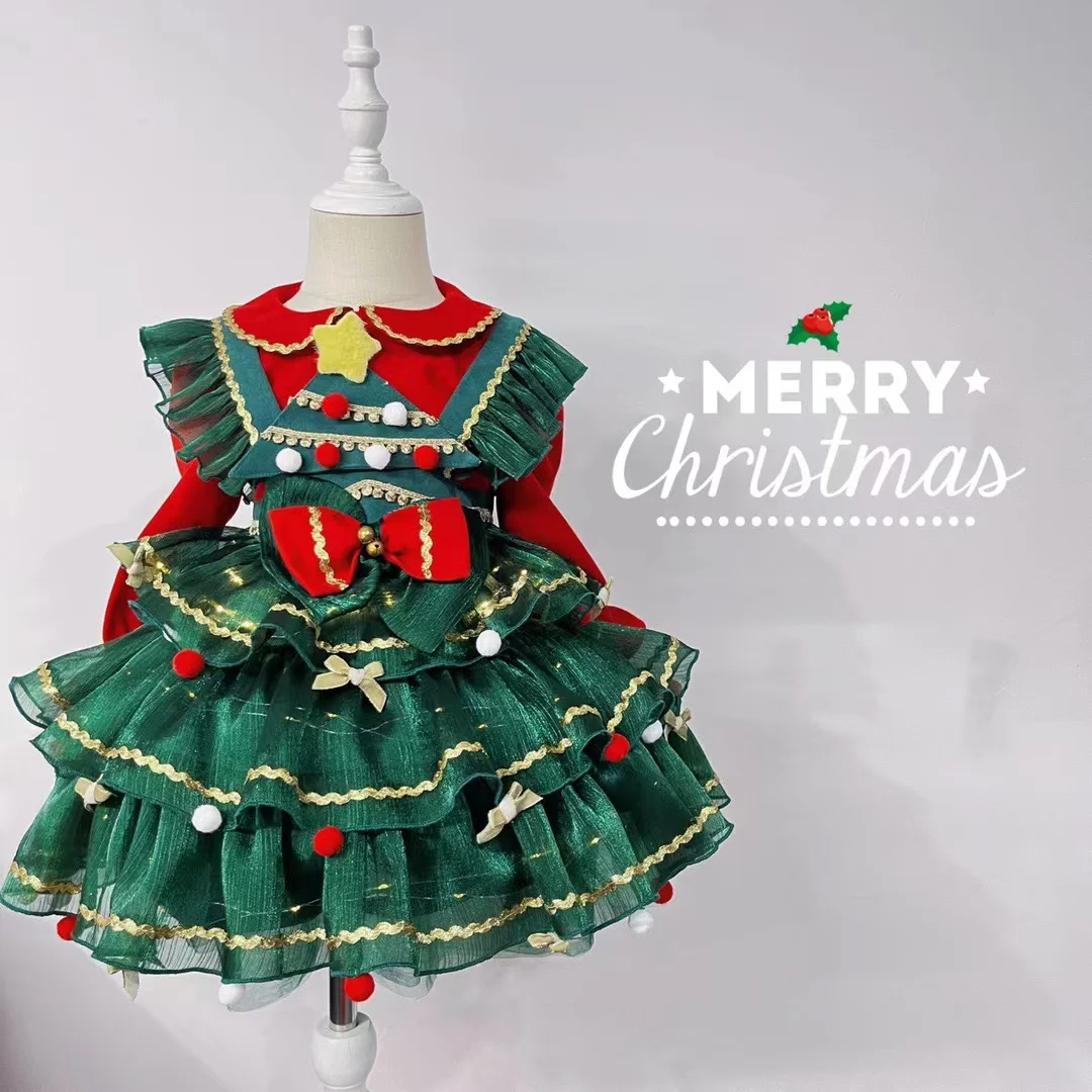 Winter New Girls\' Shining Christmas Tree Dress Cake Skirt Sparkling Lorita Pomped Princess Dress Party Dress for Kids Girl