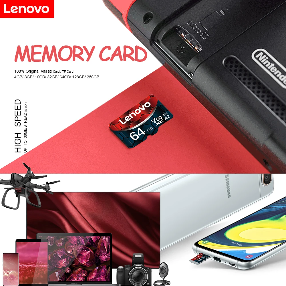 بطاقة Lenovo-Micro SD لمفتاح نينتينو ، بطاقات SD صغيرة ، بطاقة ذاكرة عالية السرعة ، بطاقة فلاش TF ، 2 ~ ، 1 ~ ، ~ GB ، V60