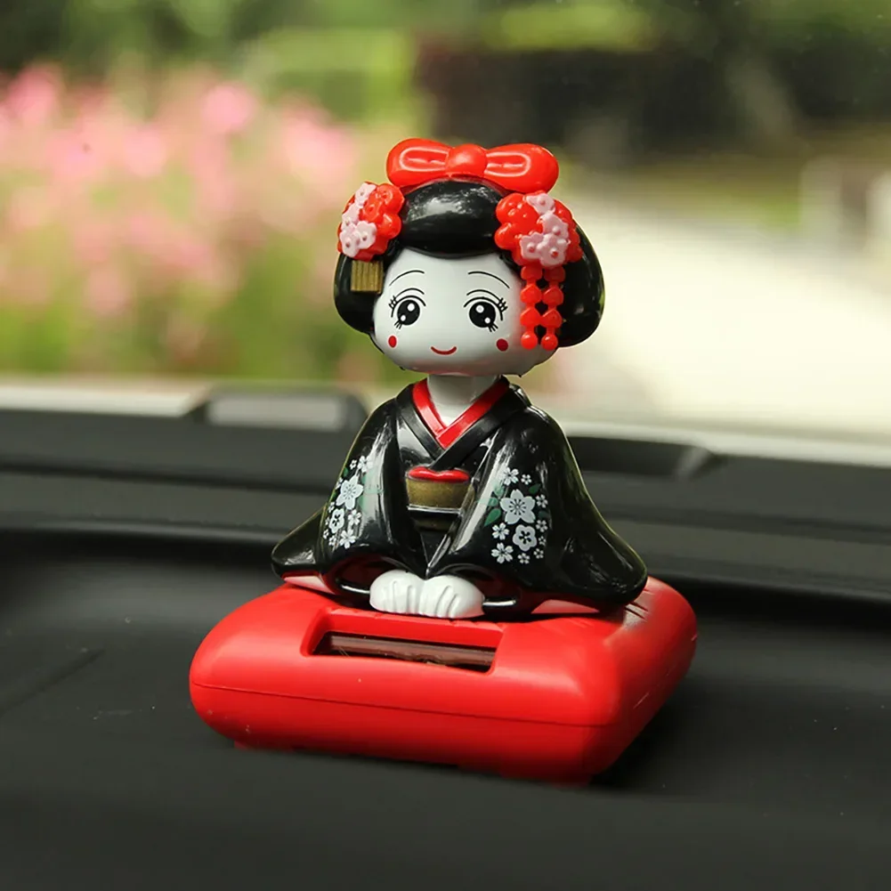 Solar Powered Shaking Heads Sitting Japanese Kokeshi Figurines Dashboard Dancing Figures Asian Geisha Car Accessories Interior