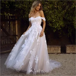 Cathy White Lace Appliques Prom Dressess A-line Tulle Vestidos De Noche Elegant Off the Shoulder Sleeveless Cocktail Party 2024