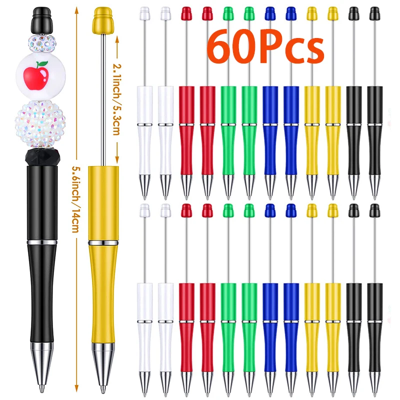 60Pcs DIY Beadable Pens Ballpoint Pens Plastic Bead Pens DIY Beaded Pens for Office School Women Kids Students Gifts