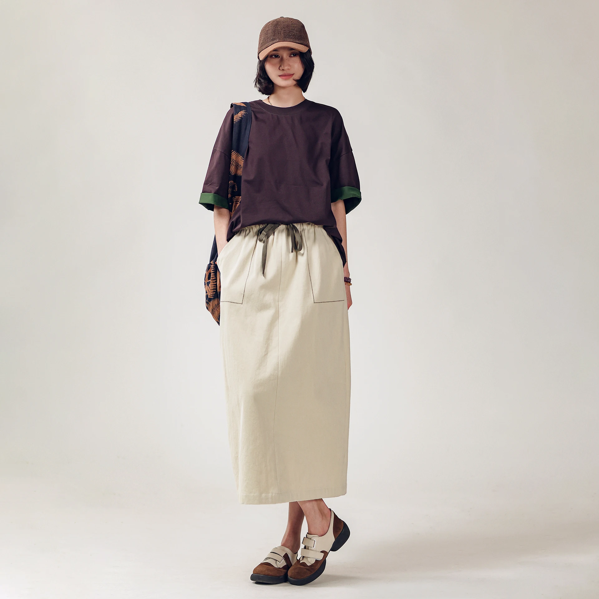 

Loose Straight Tube Skirt Elastic Waist Fleece Trimmed Cotton Casual mid Waist A-Line Skirt for Women in Their 30s
