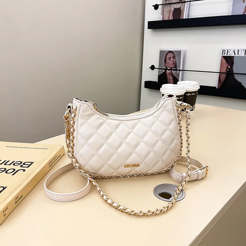 

2025 Summer New Moon Bag - Pearl Chain Strap Crossbody Bag for Women, Diamond Quilted PU Leather Shoulder Bag