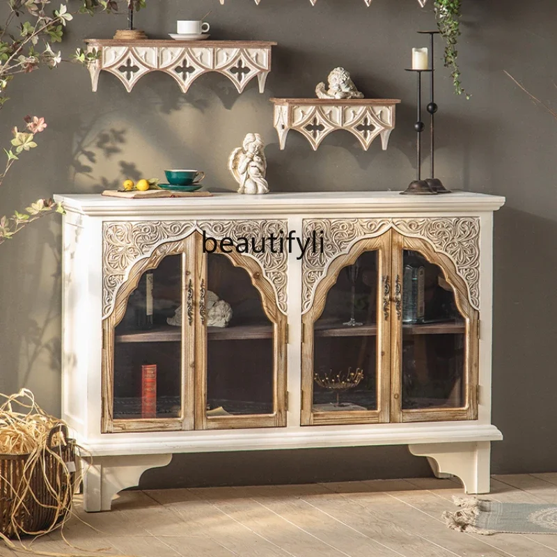 

European-Style Retro Sideboard Cabinet Solid Wood Wine Cabinet Wall Storage American-Style Home Entrance Cabinet