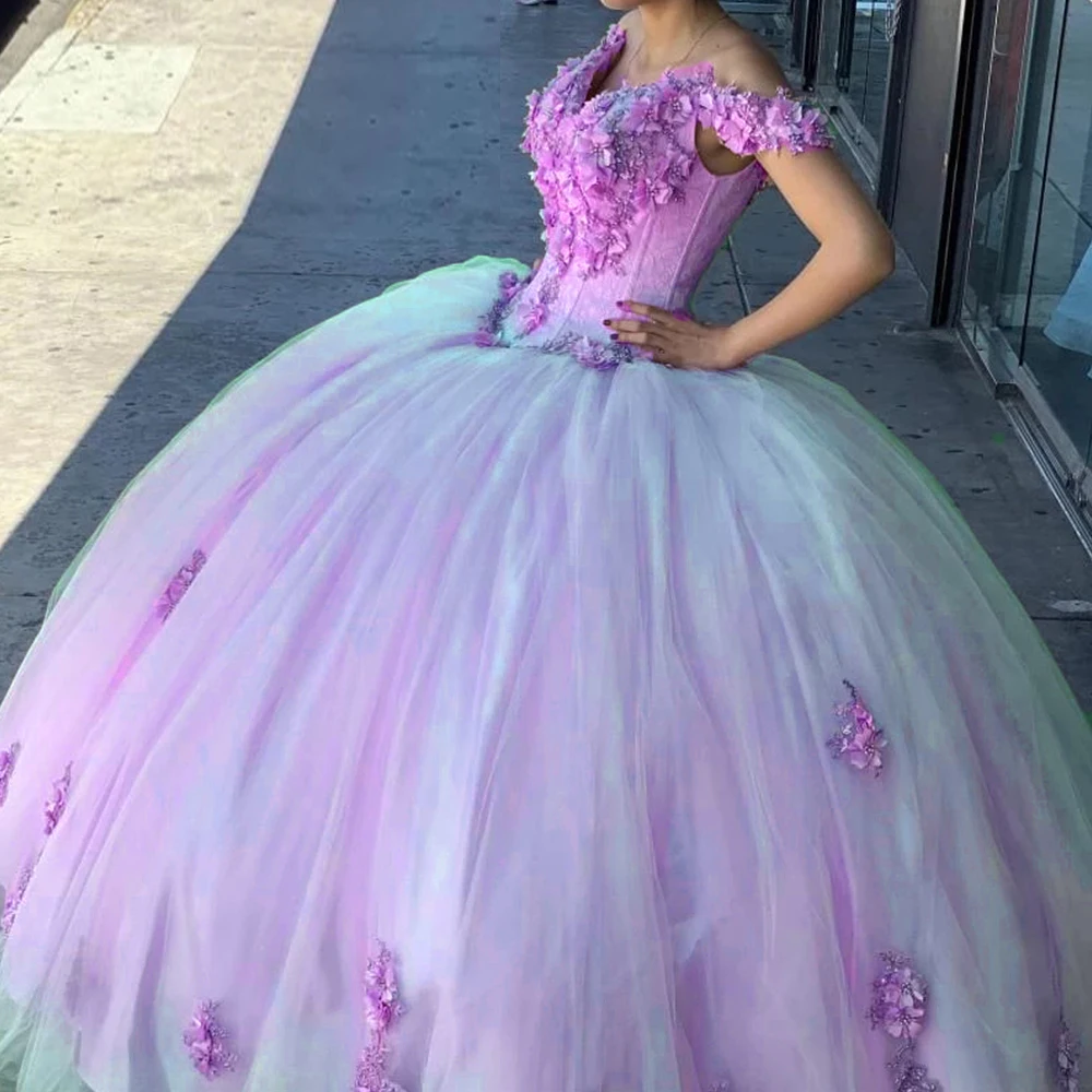 ANGELSBRIDEP فساتين سندريلا Quinceanera لـ 15 حفلة خارج الكتف ثلاثية الأبعاد زهرة يدوية الصنع فستان عيد ميلاد طويل مخصص