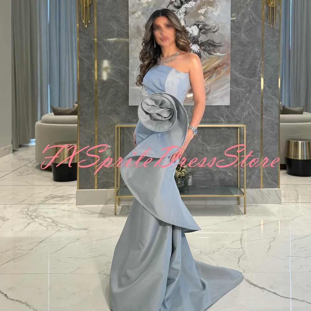 Customized Mermaid Tiered Pure Silver Satin 3D Flowers Evening Dresses Sweep Train Strapless Sleeveless Celebrity Gowns for Lady