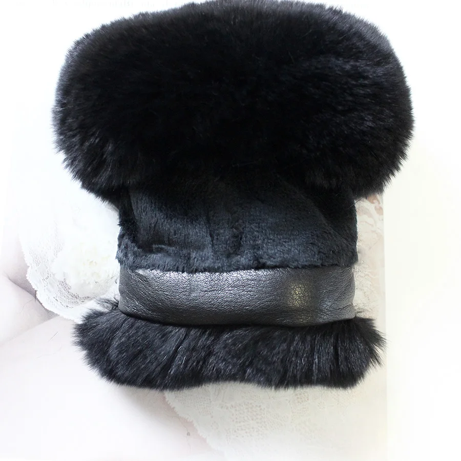 Fashionable New Sheepskin Fingerless Gloves Women\'s Black Leather Rabbit Fur Velvet Lined Winter Warm Short Half Finger Gloves