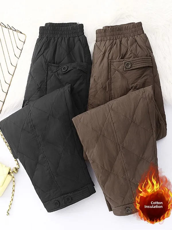 Pantalones Harlan de algodón con identificación de diamante de Color puro artístico, pantalones casuales cálidos adelgazantes versátiles de talla grande para mujer, pantalones holgados de cintura alta