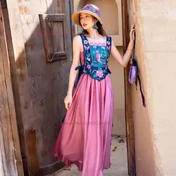 2024 chinese traditional dress oriental performance stage folk dance costume national flower embroidery vest strap dress set