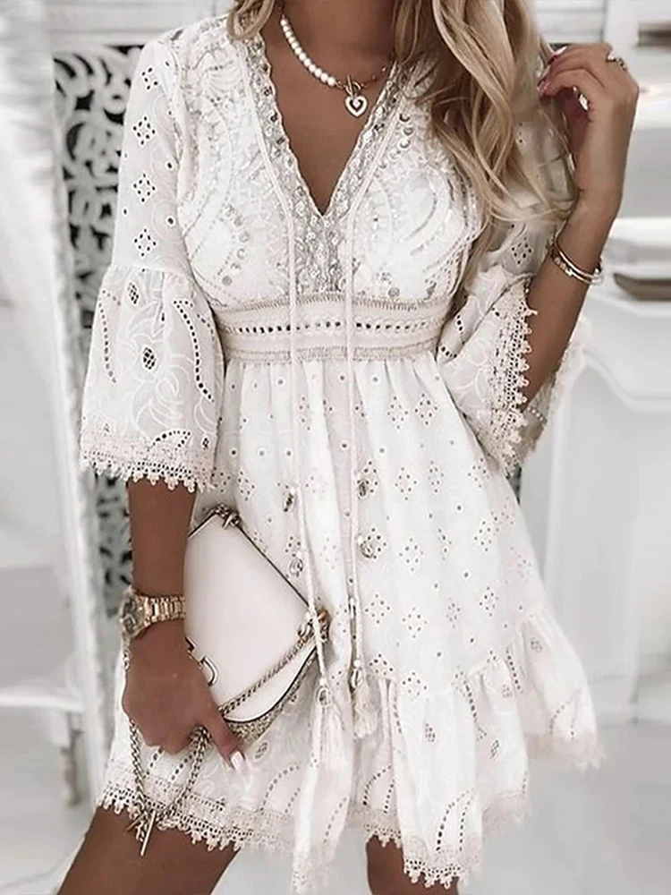 Summer Boho Dress Women Beach Sundress Fashion Embroidery Hollow Out Lace Up Mini Dress Female White Lace Holiday Dress Vestidos