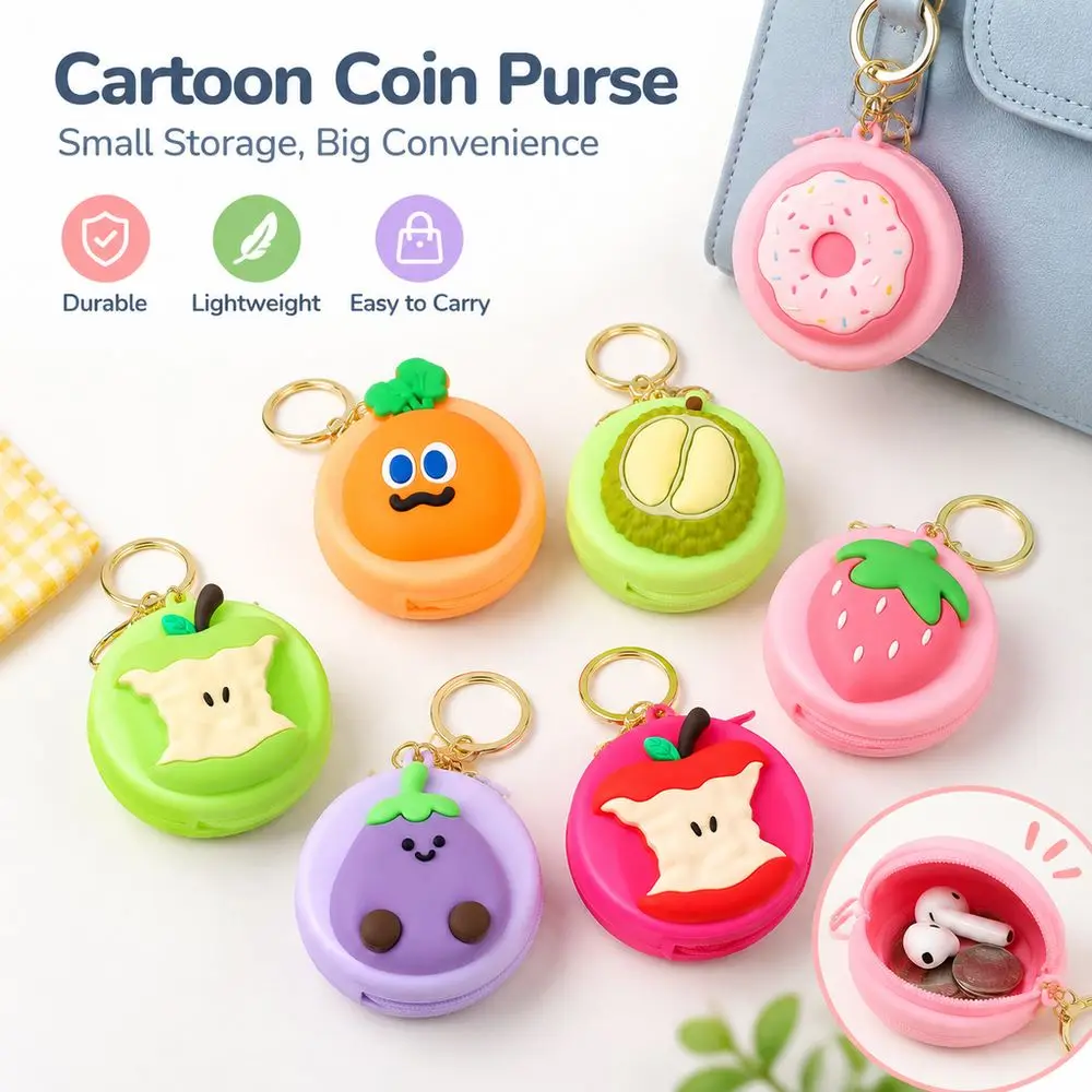 Fashion Silicone Coin Purse Zipper Closure Cartoon Fruit Shape Keychain Pouch Pendant Earphone Case Portable Storage