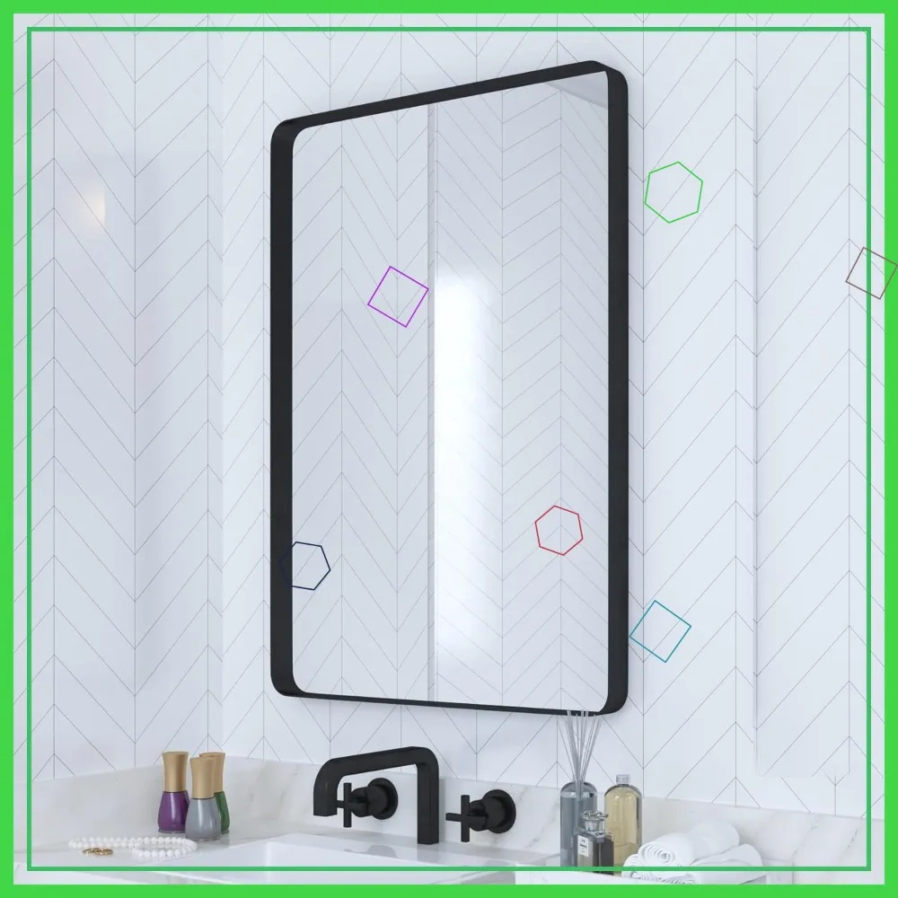 

18x26 Inch Black Metal Framed Bathroom Wall Mirror, Shatterproof Glass with Ultra-Flush Hanging System for Easy Installation