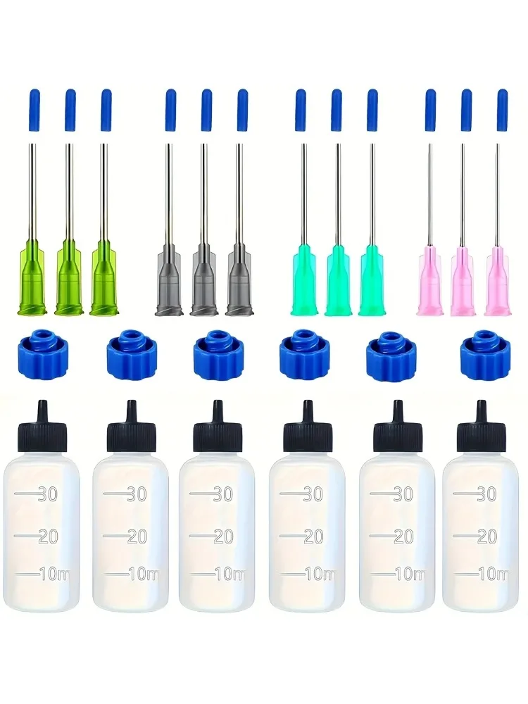 6-teiliges Set mit 30-ml-Präzisions-Spitzflaschen - Plastik-Quetschflaschen mit mehreren stumpfen Nadeln
