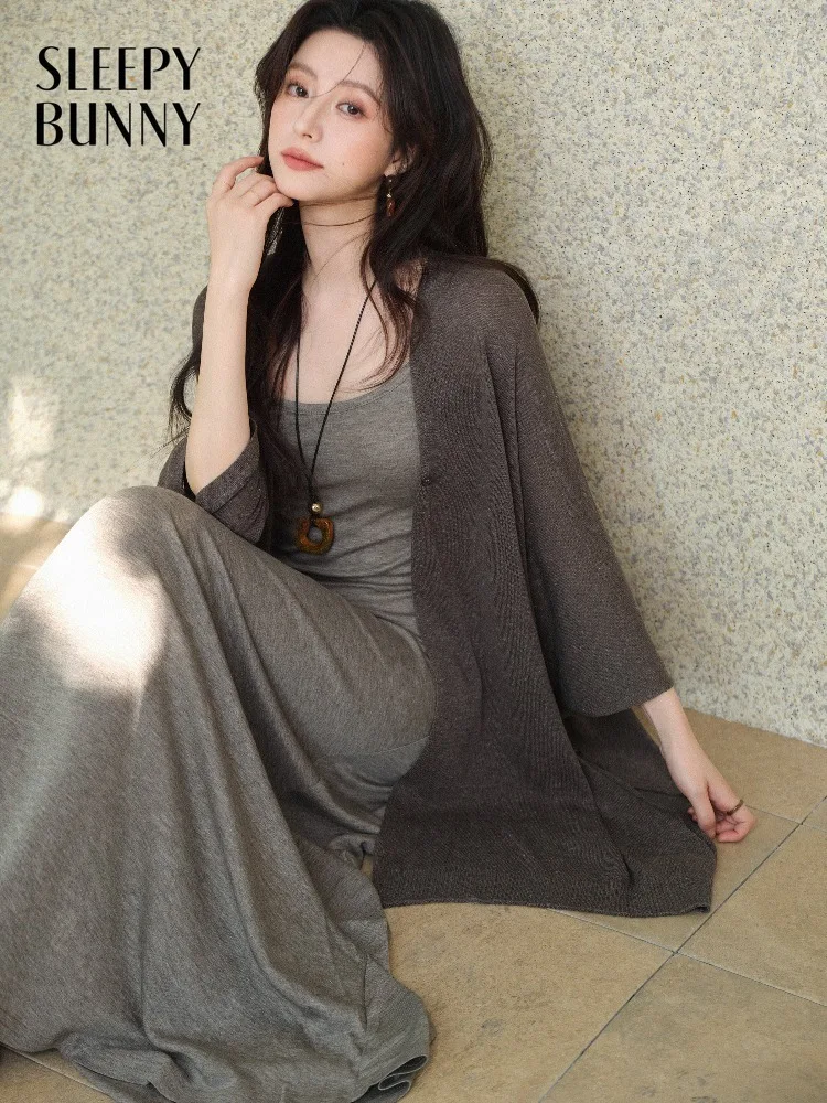 

Женское шерстяное платье-комбинация с завышенной талией, круглым вырезом, льняной шалью и накидкой, модный универсальный комплект для офиса и повседневной носки, весенний образ