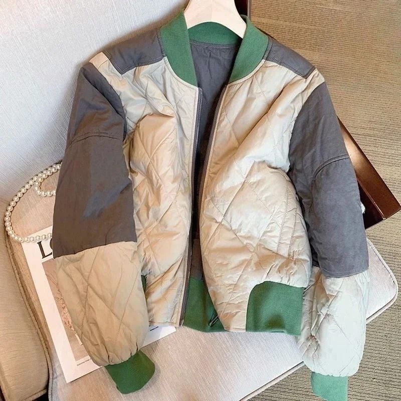Trendy Loose Fit Cotton Coat for Women Retro Baseball Jacket with Color Blocking Patchwork Houndstooth 2025 Winter​