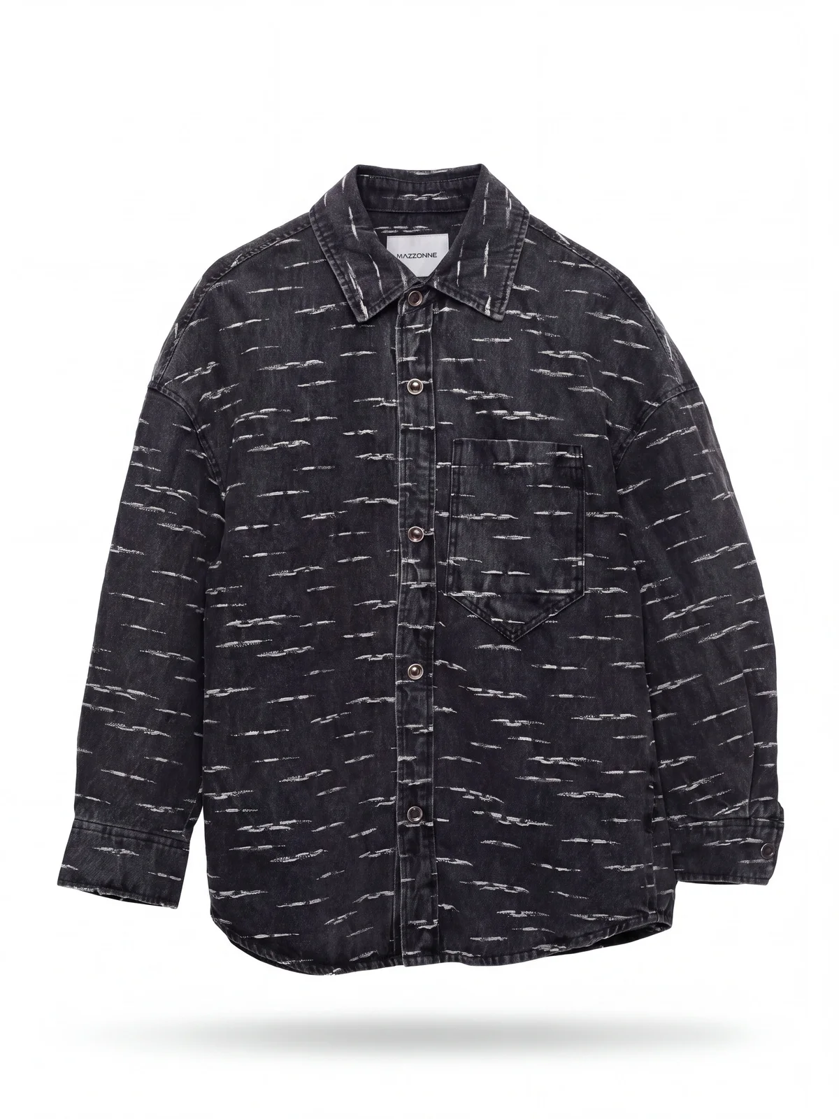 MAZZONNE Men's Grey Denim Jacket Allover Dash Pattern Button Front Single Chest Pocket Long Sleeve Streetwear H